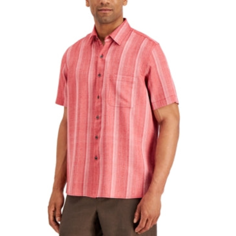 Tasso Elba Mens Regular Fit Short Sleeve Button Down Shirt Geo Coral Red Small