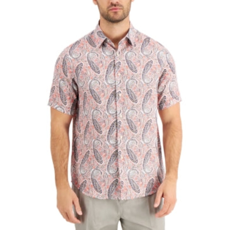 Tasso Elba Mens Short Sleeve Button Down Shirt Linen Paisley Red Small