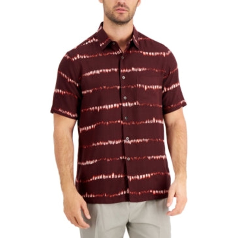 Tasso Elba Mens Short Sleeve Button Down Shirt Maroon Shibori Red Small