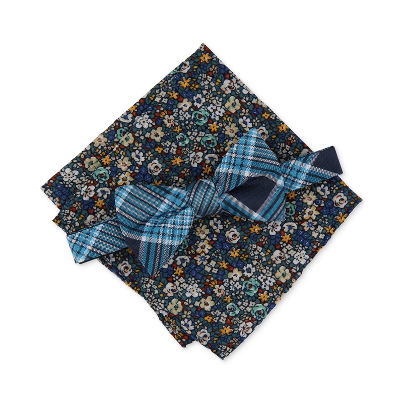 Bar III Mens Leroy 2 Piece Pocket Square Plaid Tied Bow Tie Teal Blue Necktie