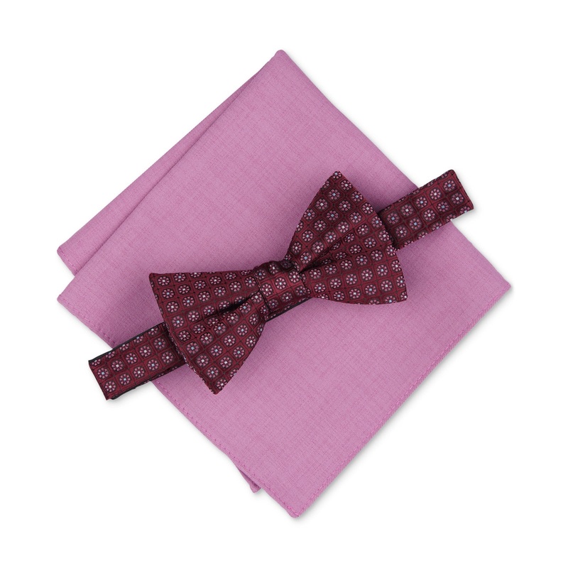 Bar III Mens Medallion Bow Tie Pocket Square Burgundy Pink Necktie