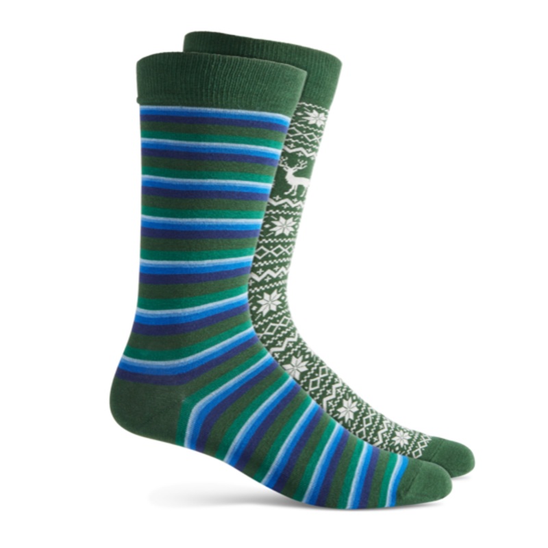 Club Room Holiday 2 Pack Crew Socks Stripe Fair Isle Green Blue One Size