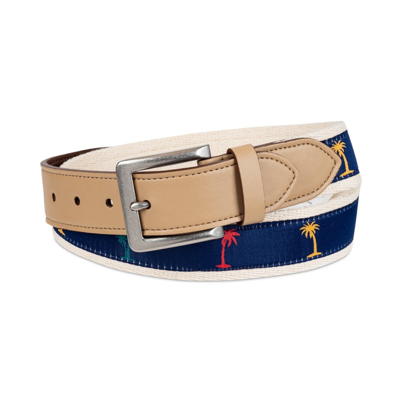 Club Room Men's Palm Tree Ribbon Belt Beige Blue Small  30 32