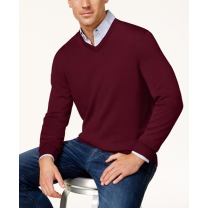 Club Room Mens Regular Fit Solid V Neck Sweater Red Plum 2XL