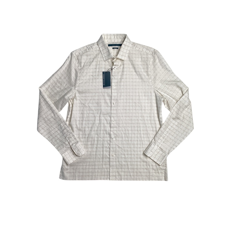 Perry Ellis Mens Dobby Geo Print Long Sleeve Button Down Shirt White Medium
