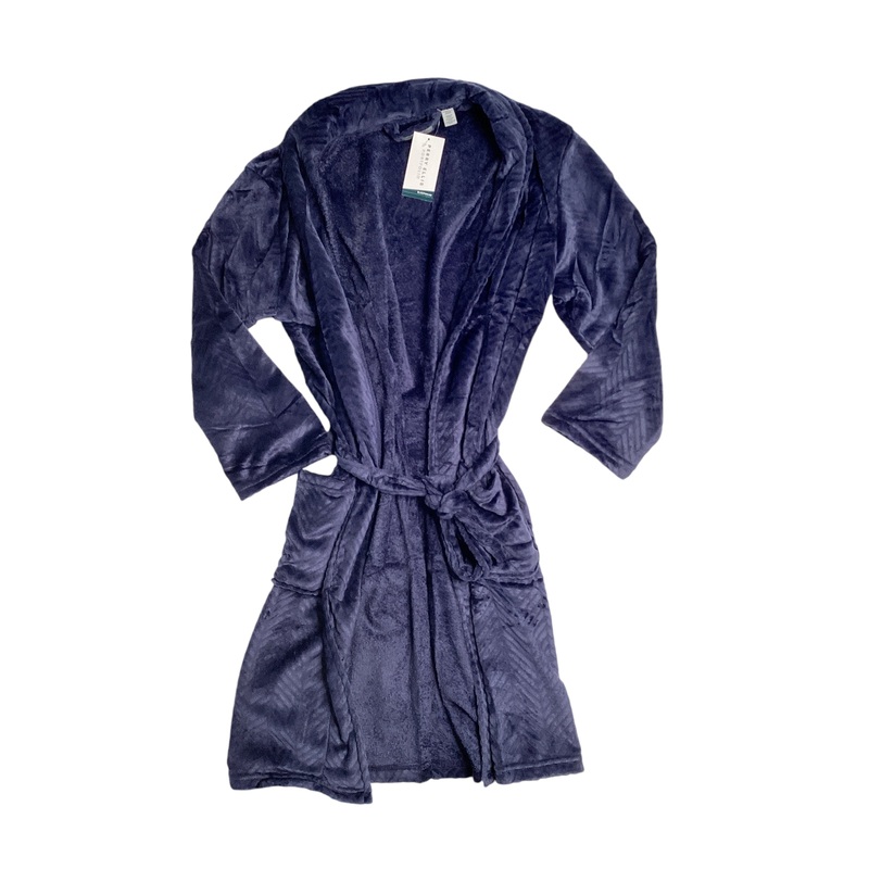 Perry Ellis Mens Herringbone Textured Fleece Robe Peacoat Blue