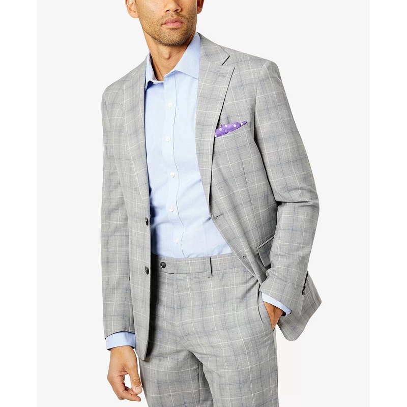 TALLIA Men's Suit Jacket Light Grey / Blue Plaid 36R Slim-Fit Wool