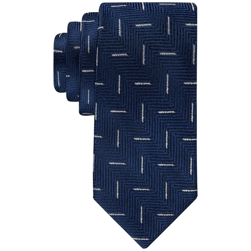 Tommy Hilfiger Men's Herringbone Geo Print Tie Navy Blue White Necktie