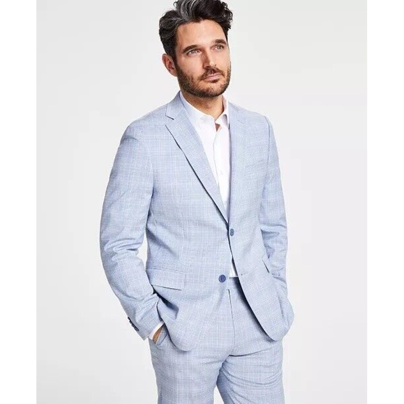 ALFANI Men's Suit Jacket Blue Plaid 46L Slim-Fit Stretch