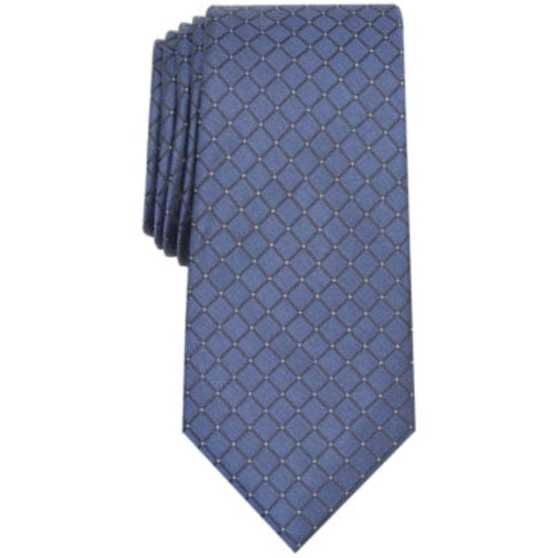 Alfani Mens Malone Grid Slim Tie Navy Blue Necktie