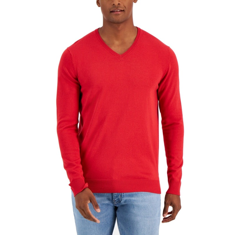 Alfani Mens Solid V Neck Cotton Sweater Scarlet Sage Red 2XL