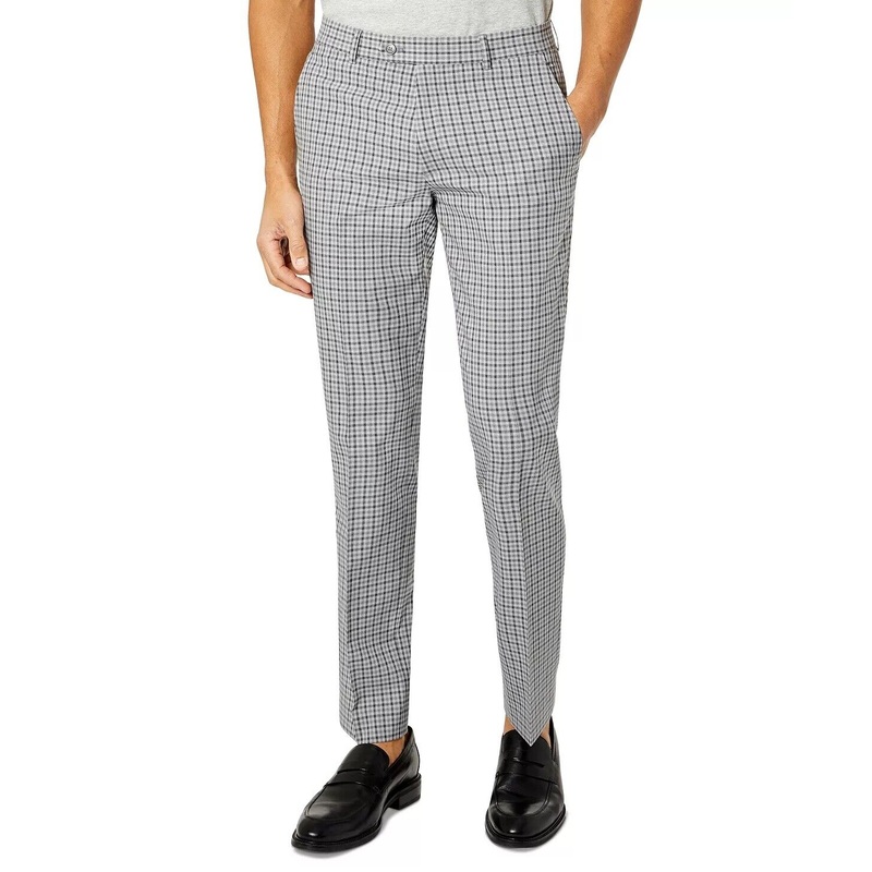 BAR III Men's Grey Check Slim-Fit Dress Pants Grey 28 x 30 Plaid