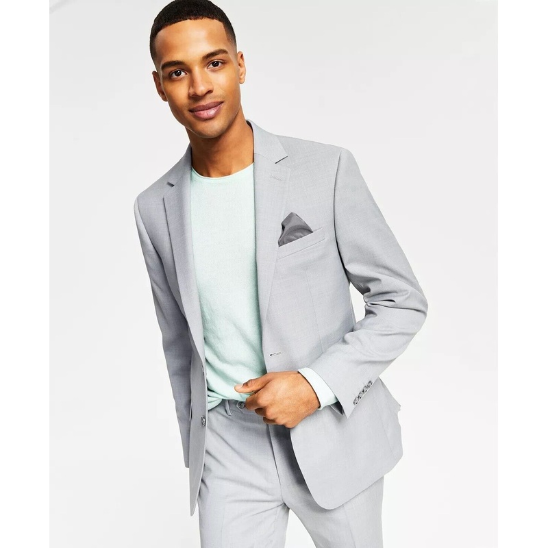 BAR III Men's Skinny-Fit Sharkskin Suit Jacket 38L Light Grey Wool Blend
