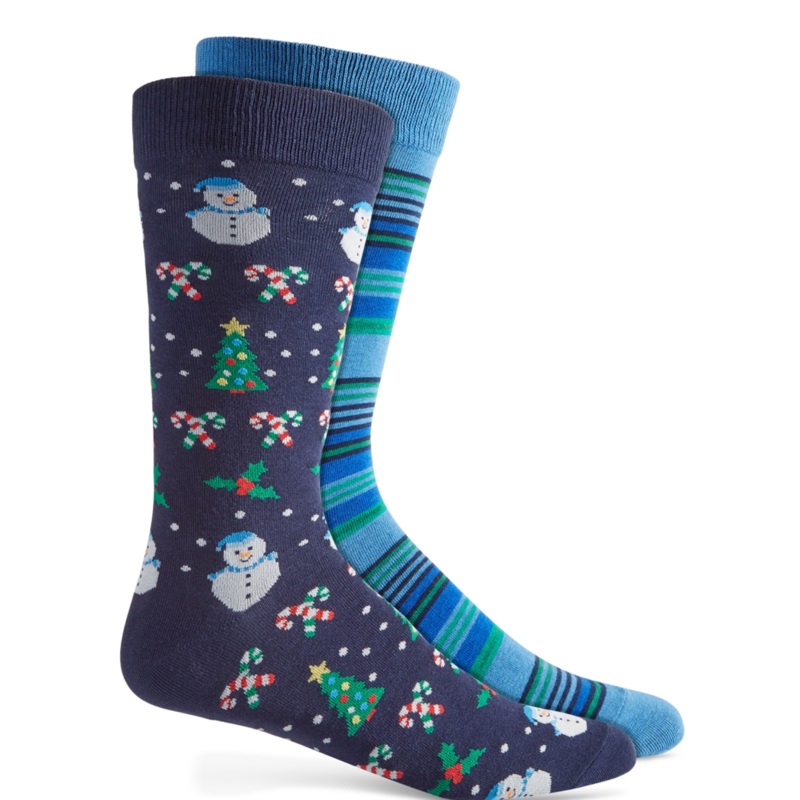 Club Room Holiday 2 Pack Crew Socks Joyful Snowman Blue Combo One Size