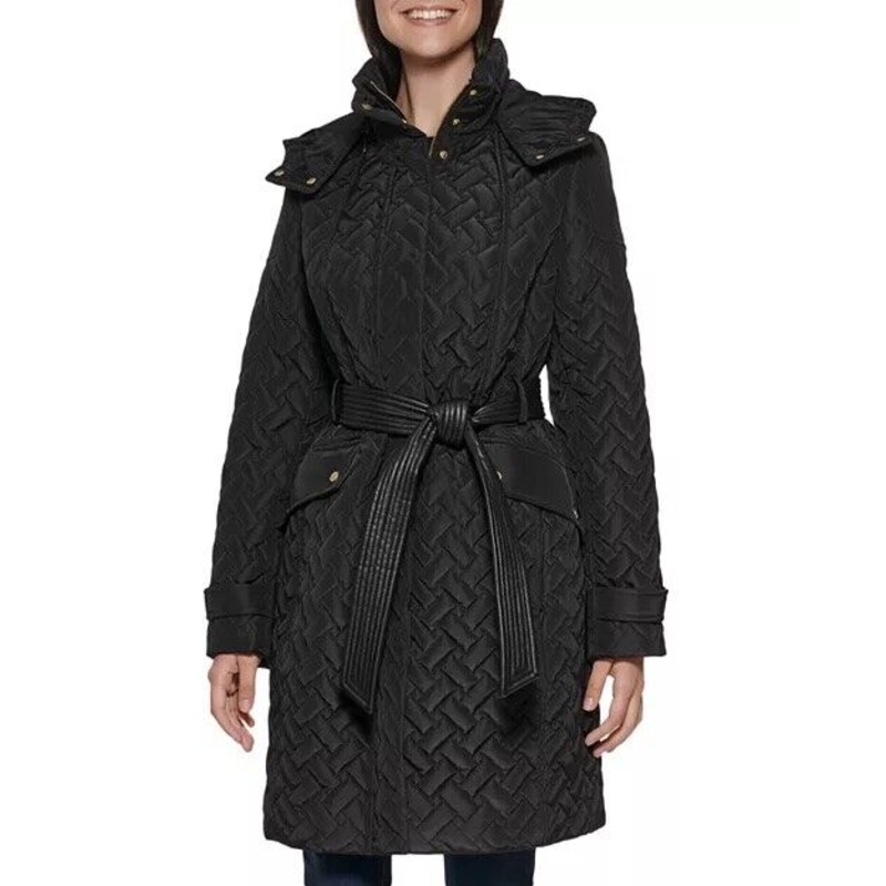 Cole Haan Women's Quilted Tie Waist Coat Black Medium