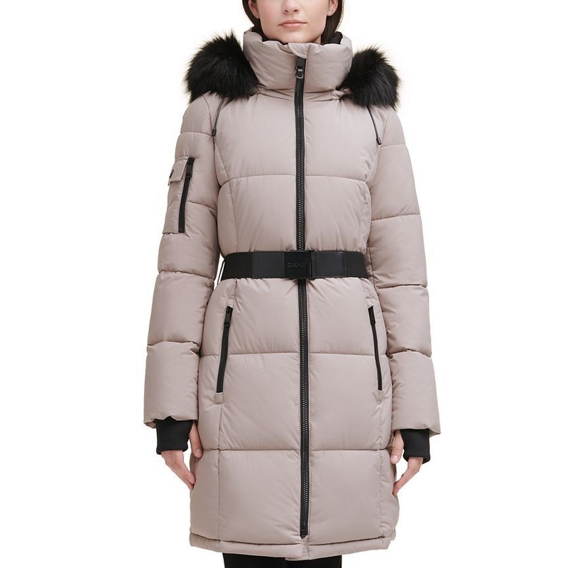 DKNY Belted Puffer Coat 1X Thistle Beige Womens NO HOOD