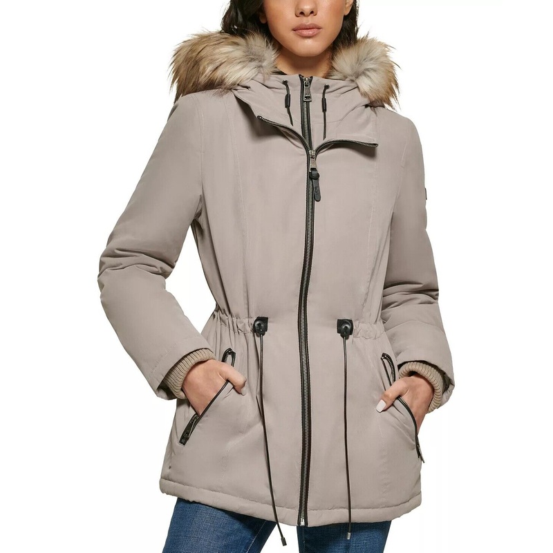 DKNY Women's Faux-Fur-Trim Hooded Anorak Thistle Size XXS