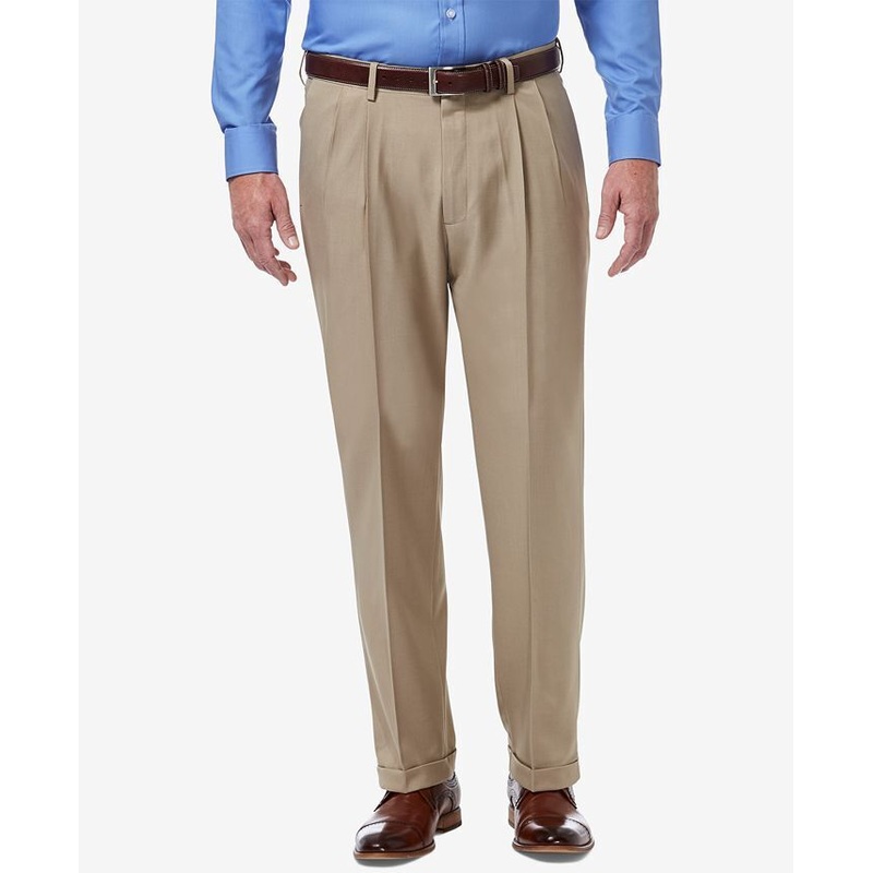 HAGGAR Men's Comfort Stretch Classic-Fit Solid Pleated Dress Pants 34 x 36 Khaki
