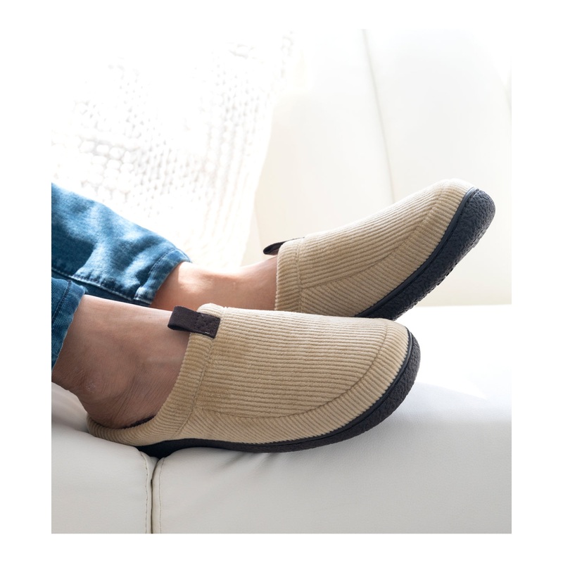 Isotoner Mens Corduroy Hoodback Slippers Pebble Beige XL 11 to 12