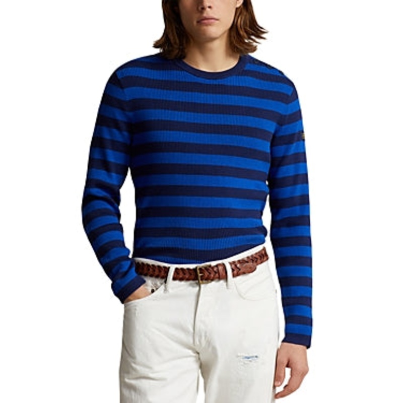 Polo Ralph Lauren Mens Ribbed Stripe Cotton Cashmere Crewneck Sweater Blue XL