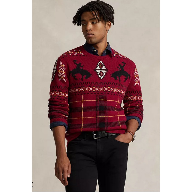 Polo Ralph Lauren Mens Western Inspired Fair Isle Wool Sweater Red Combo 2XL