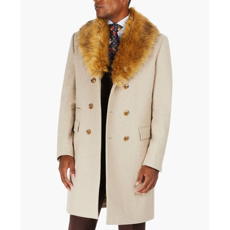 TAYION COLLECTION Men's Oatmeal Overcoat Coat 38S Detachable Faux-Fur Collar