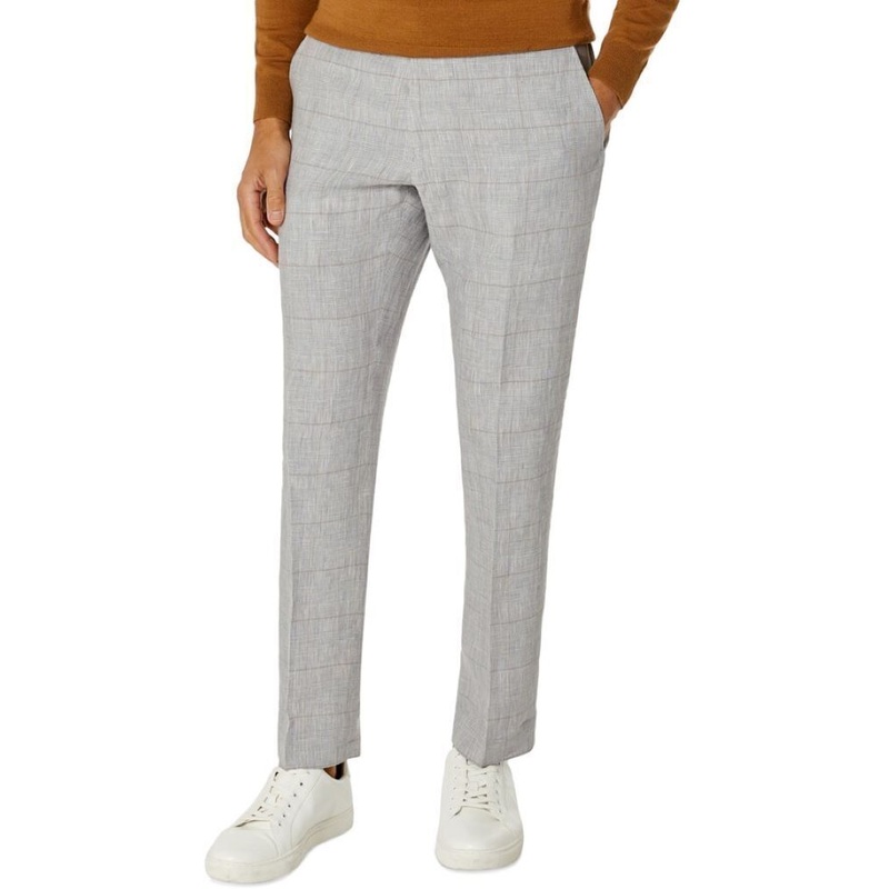 Tommy Hilfiger Men Modern Fit Flex Stretch Plaid Linen Pants Grey Tan 34 X 34