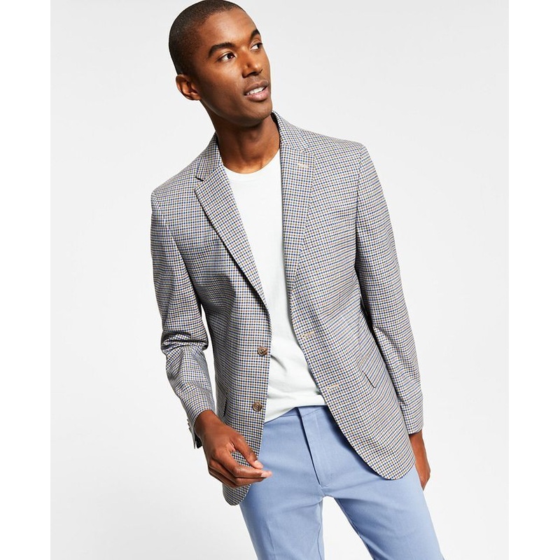 TOMMY HILFIGER Men's Modern-Fit Brown Blue Check Blazer 44R Sport Coat