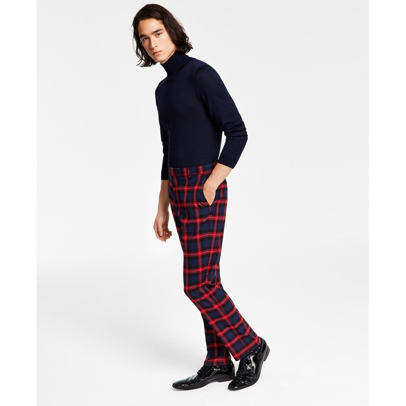 Tommy Hilfiger Men's Modern-Fit Stretch Dress Pants 38 x 32 Navy Red Plaid
