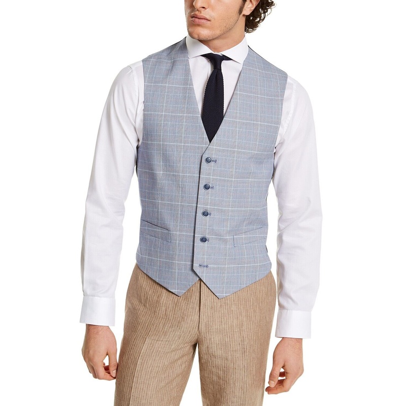 Tommy Hilfiger Men's Modern-Fit TH Flex Blue and Red Plaid Vest Medium