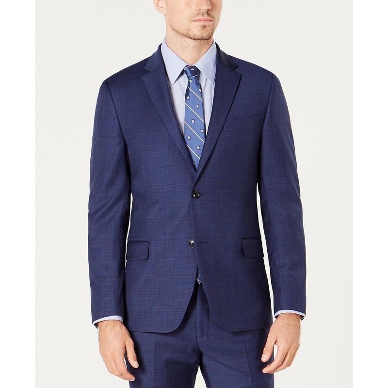 Tommy Hilfiger Mens Suit Jacket 42S Modern-Fit Stretch Navy Burgundy Plaid