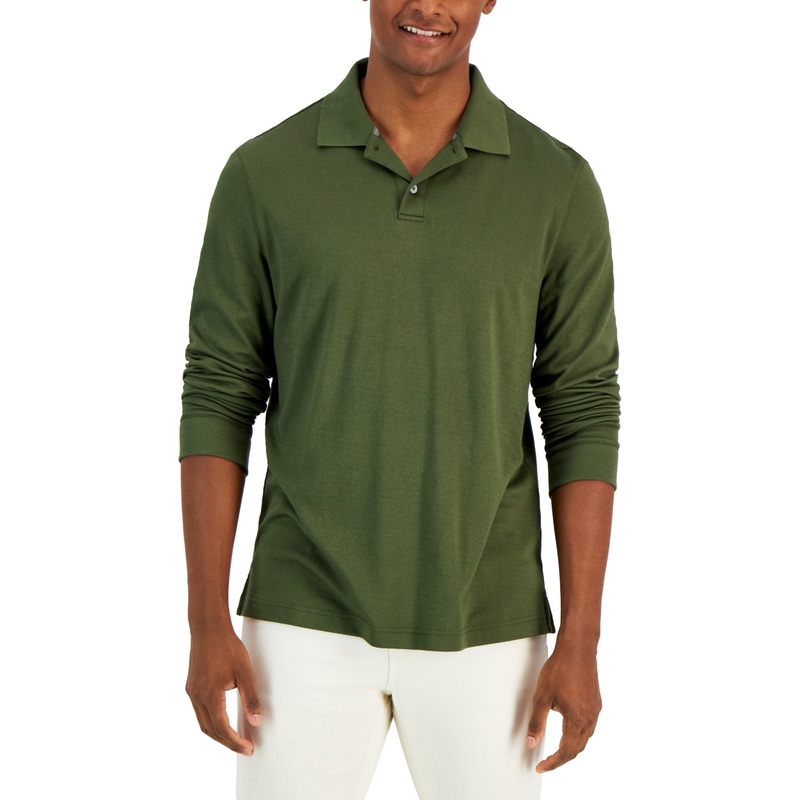 Alfani Men's Regular Fit Solid Costa Green Long Sleeve Polo Shirt Small
