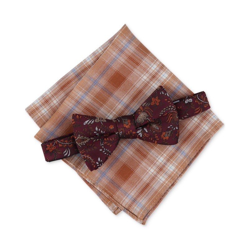 Bar III Mens Tobago 2 Piece Floral Pre Tied Red Bowtie Pocket Square Necktie