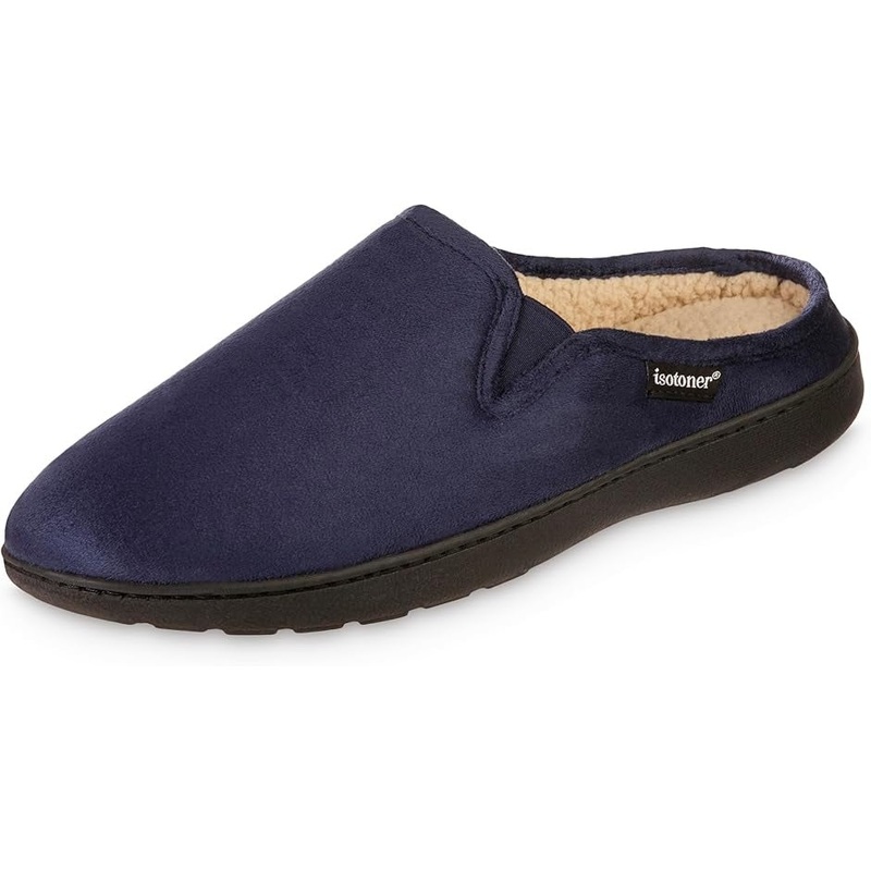 Isotoner Men's Microsuede Hoodback Slip On Slippers Navy Blue Large 9.5 to 10.5