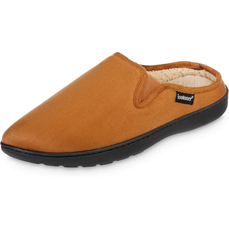 Isotoner Men's Microsuede Hoodback Slippers Cognac Brown Large 9.5 to 10.5