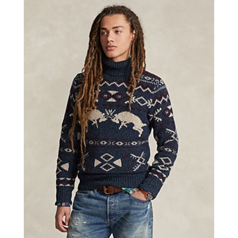 Polo Ralph Lauren Mens Wool Cashmere Patterned Turtleneck Sweater Medium Navy