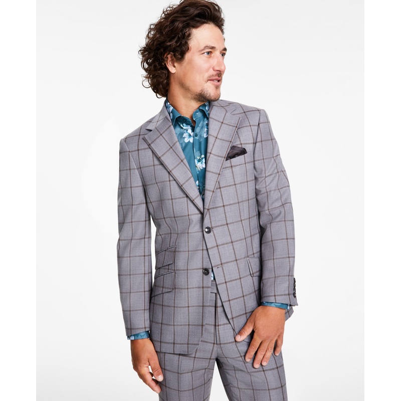 Tallia Mens Slim Fit Sport Coat Blazer Grey Brown Windowpane 42L