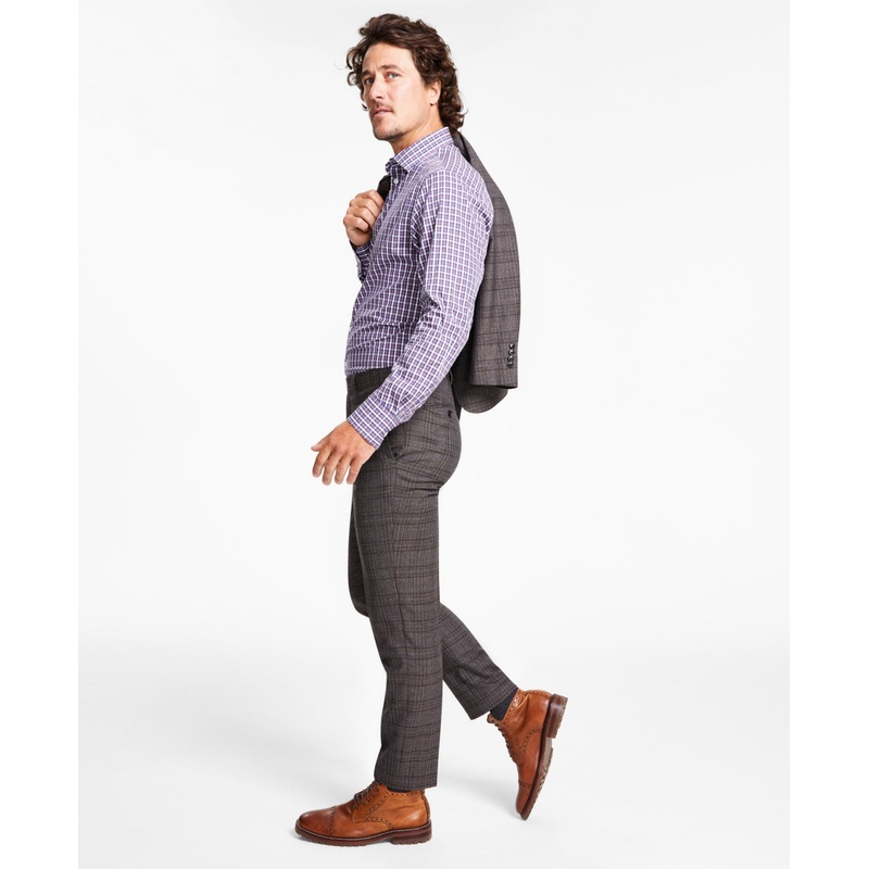 Tallia Mens Slim Fit Stretch Dress Suit Pants Plaid Brown 34 x 30
