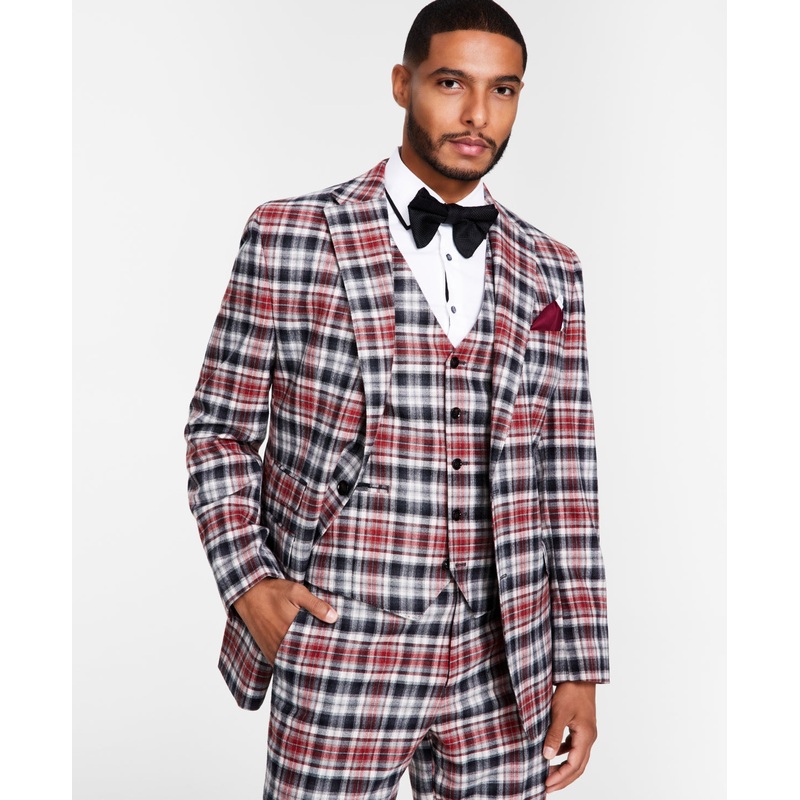 Tayion Mens Classic Fit Sport Coat Blazer Black Red Plaid 46R