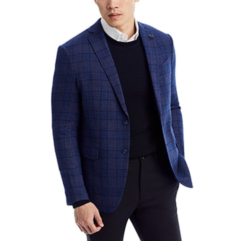 John Varvatos Mens Slim Fit Plaid Sport Coat Blazer Navy Blue 38R