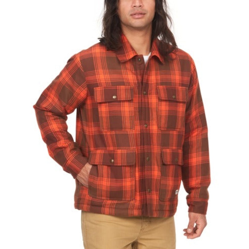 Marmot Mens Ridgefield Fleece Flannel Shirt Jacket Coat Brown Red Small