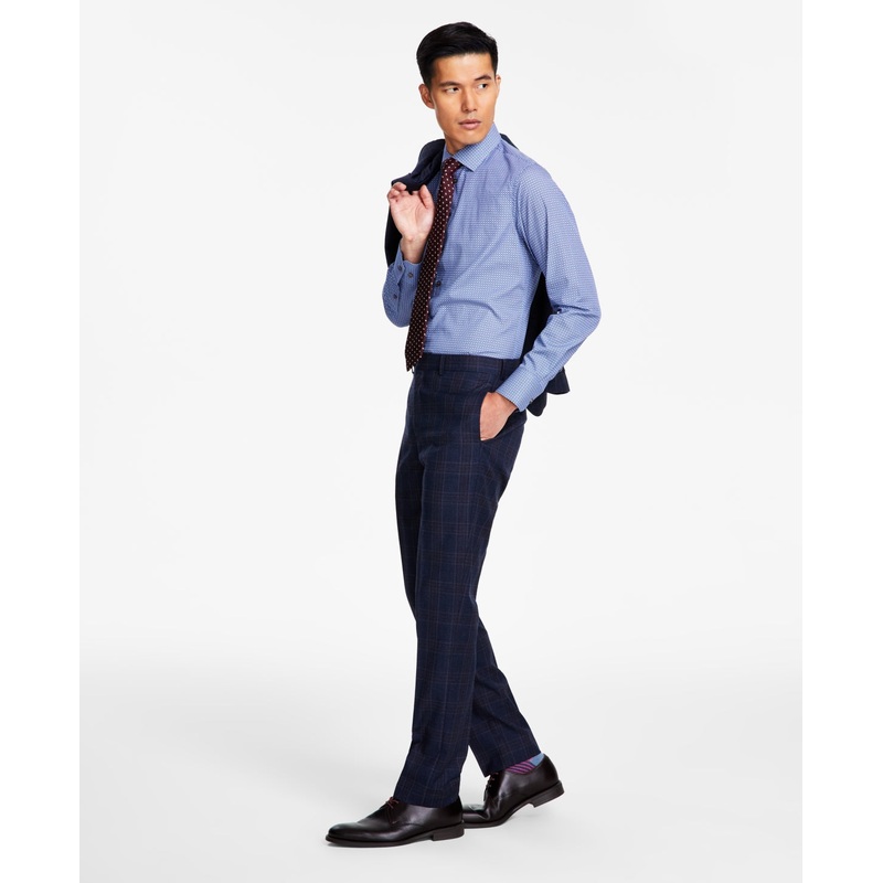 Tallia Mens Slim Fit Stretch Plaid Suit Dress Pants Navy Blue Brown 32 x 32