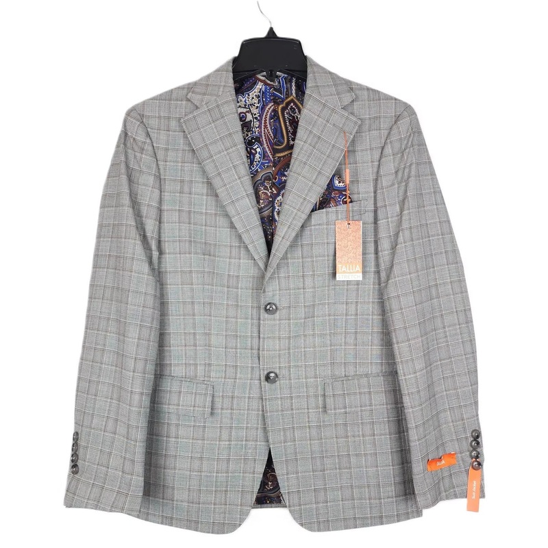 Tallia Mens Slim Fit Wool Sport Coat Blazer Grey Brown 44R Plaid