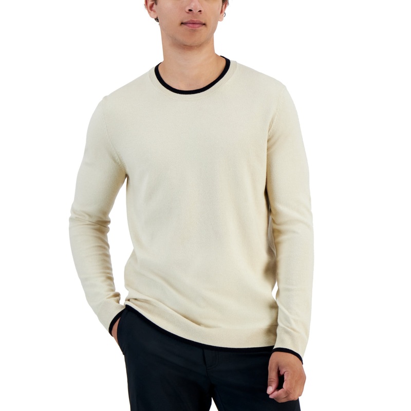 Alfani Mens Long Sleeve Crewneck Contrast Edge Sweater Brown Rice 2XL
