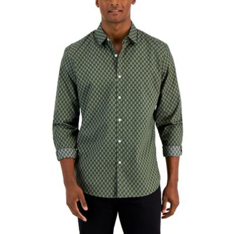 Alfani Mens Marco Geometric Print Button Down Shirt Costa Green Large