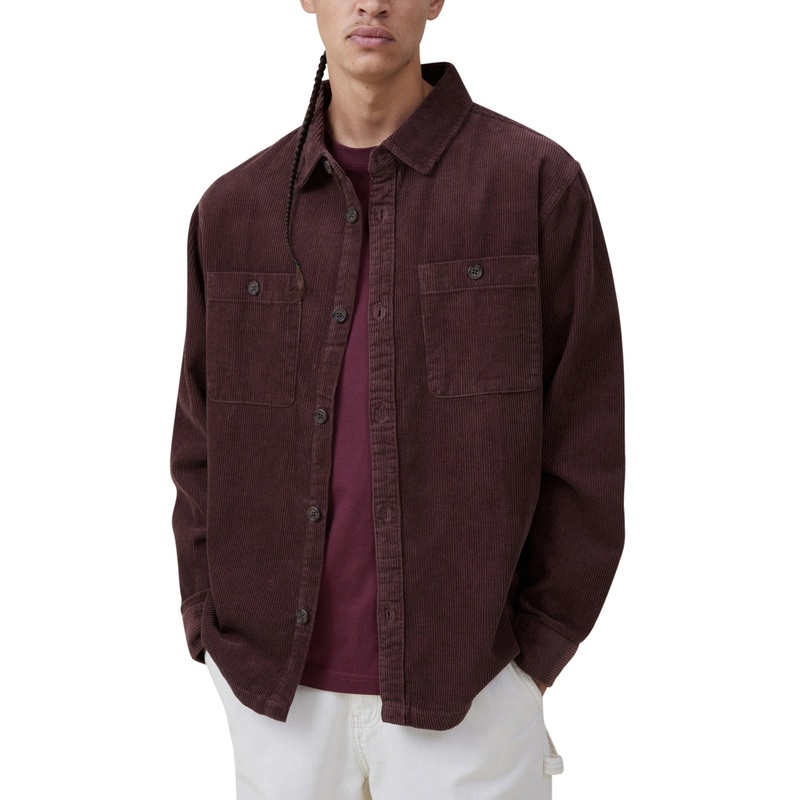 COTTON ON Mens Heavy Button Down Over Shirt Coco Brown Cord Small