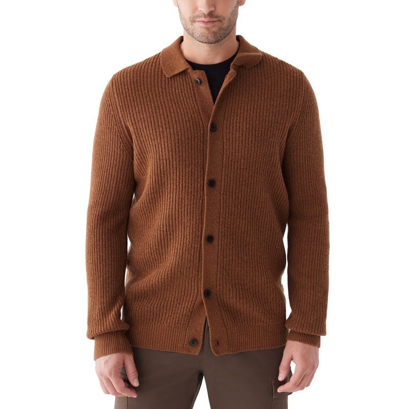Frank And Oak Mens Collared Button Down Overshirt Sweater Spice Orange Large