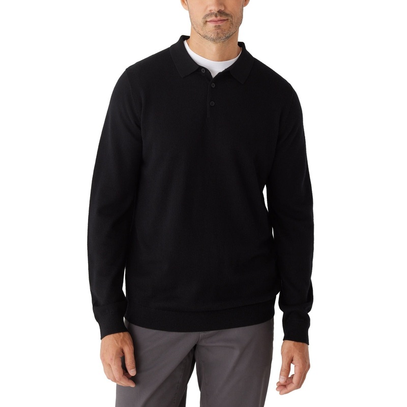 Frank And Oak Mens Merino Wool Long Sleeve Polo Sweater Large Black