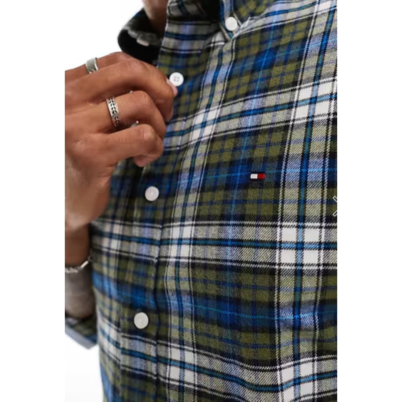 Tommy Hilfiger Mens Regular Fit Plaid Button Down Shirt Green Small