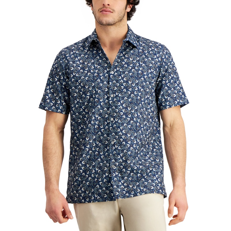 Alfani Mens Floral Print Short Sleeve Button Down  Shirt Navy Blue Small